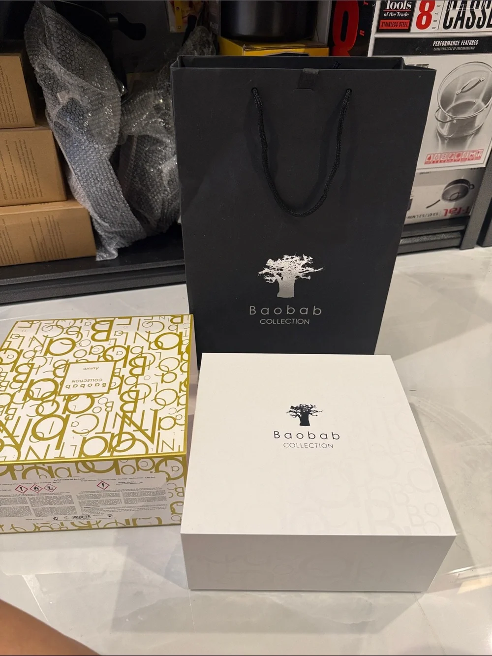 Baobab Collection Gold on White Aurum Decorative Box candle and reed diffuser